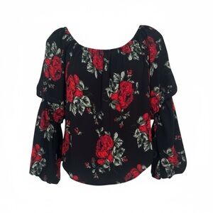 Charlotte Russe Floral Blouse Women’s Medium Black Red Rose Puff Sleeve Romantic